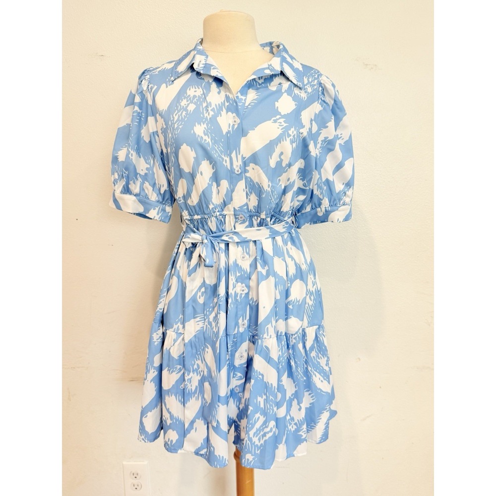 JODIFL Shirt Dress Button Front Belted Chiffon Lined L blue white preppy chic